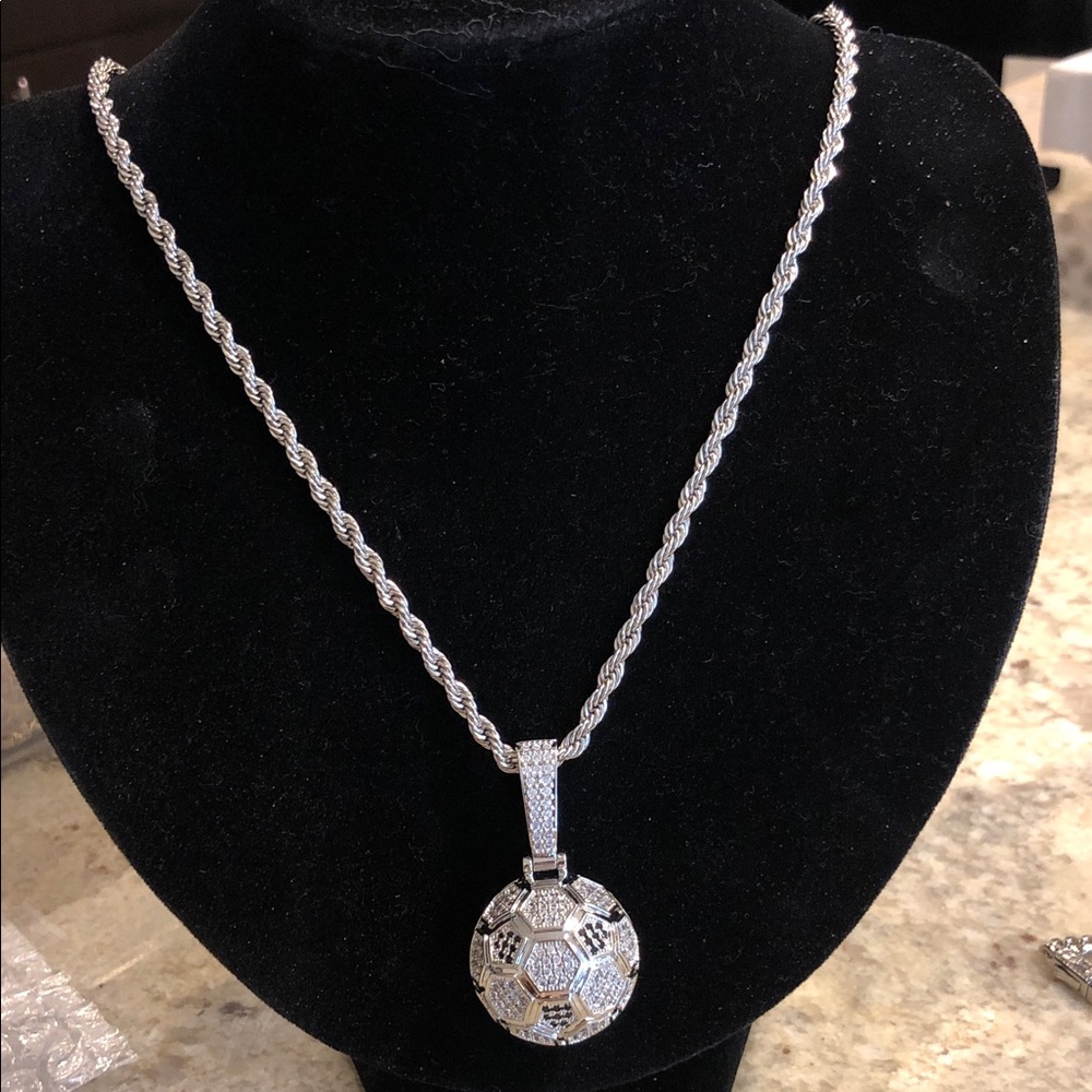 Silver Soccer Ball Pendant Rope Chain Necklace